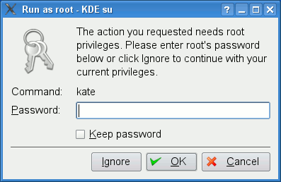 A Kdesu dialog informing that a specific program requires authenticating as root (https://en.wikipedia.org/wiki/Comparison_of_privilege_authorization_features)